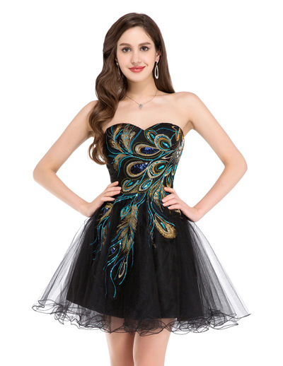 Strapless Sleeveless Short Peacock Prom Dress