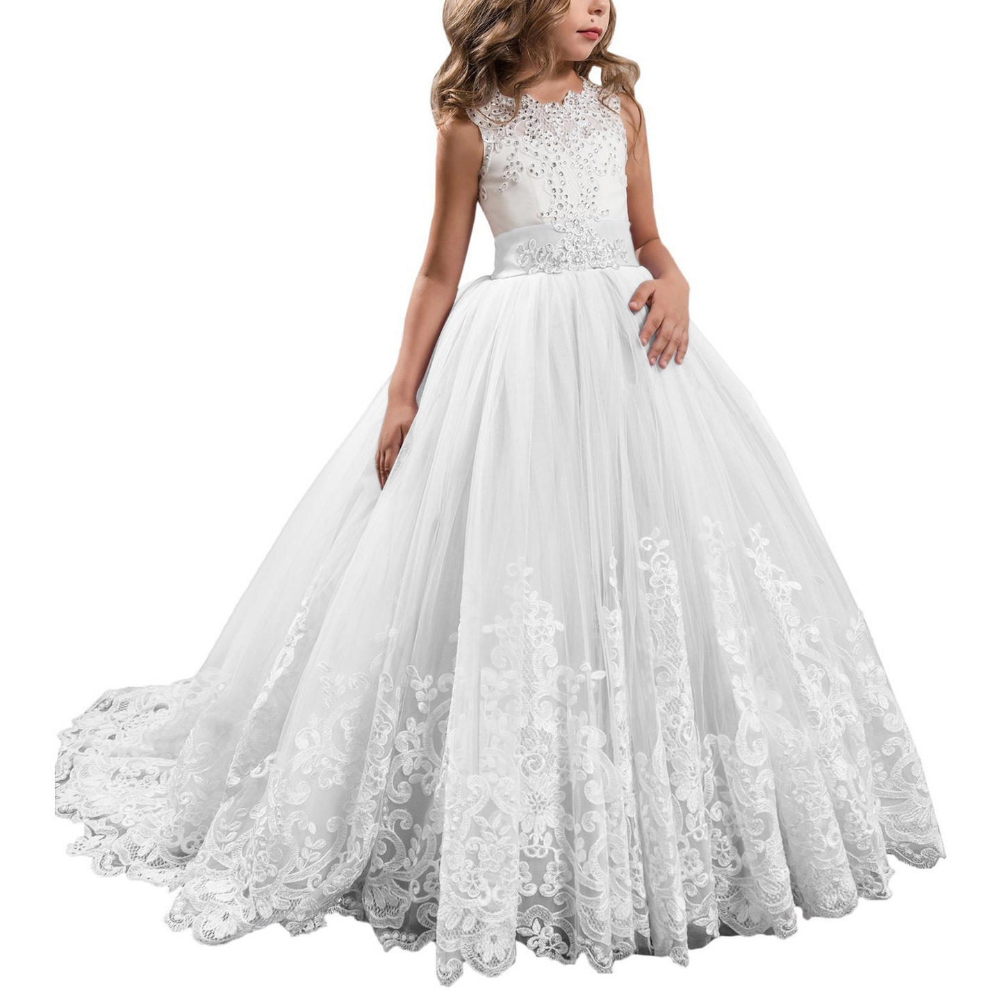 Beaded Lace Embroidered Sleeveless Kids Wedding Dress