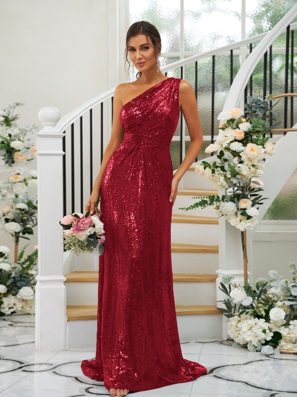 Sequin Oblique Shoulder Sleeveless Maxi Bridesmaid Dress