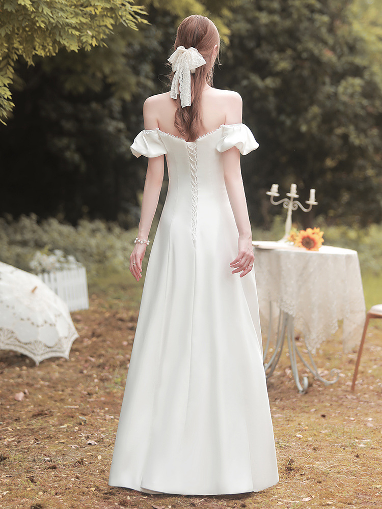 White Satin Off-Shoulder Long Slit Wedding Dress