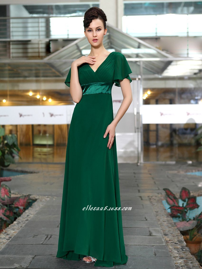 Deep V Neck Short Sleeves Bridesmaid Dress