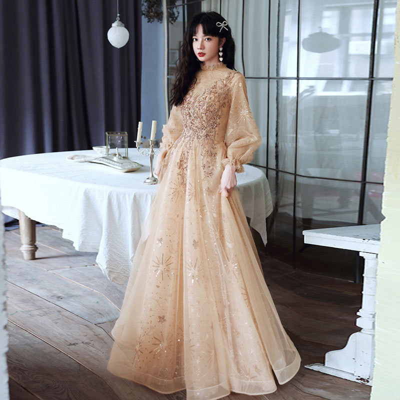 Champagne Sequin Long Puff Sleeves Evening Dress