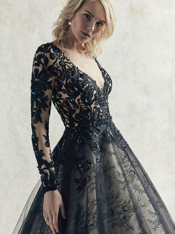 Black Lace Applique Deep V Neck Long Sleeves Wedding Dress