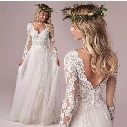 White Lace Embroidered Full Sleeves Wedding Dress