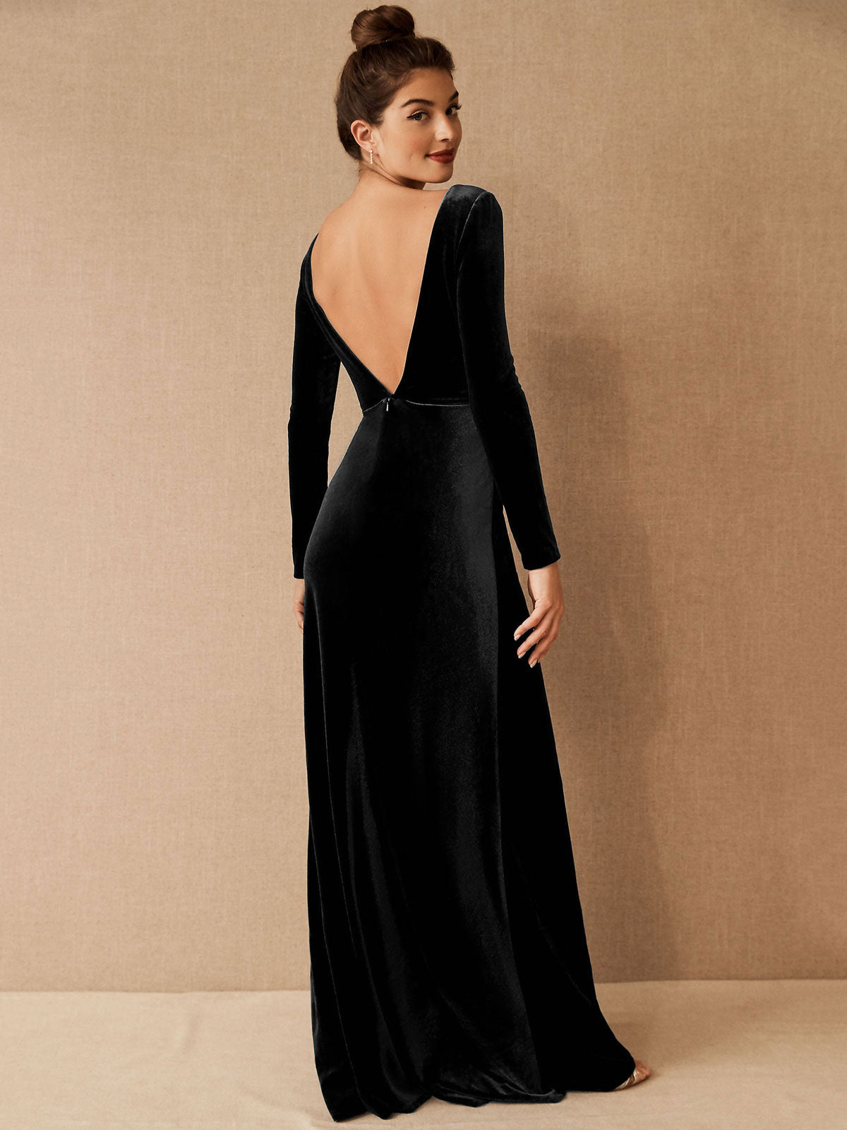 V-Neck Long Sleeve Velour Floor-Length Formal Bridesmaid Dress