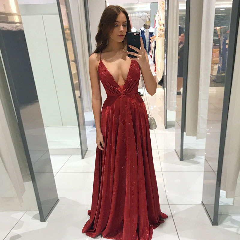 Deep V Neck Spaghetti Strap Sleeveless Long Evening Dress