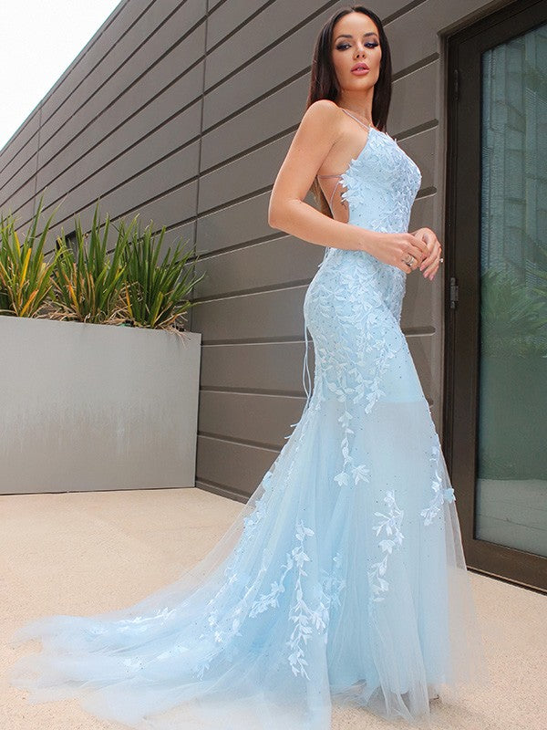 Lace Powder Blue Sleeveless Backless Long Evening Dress