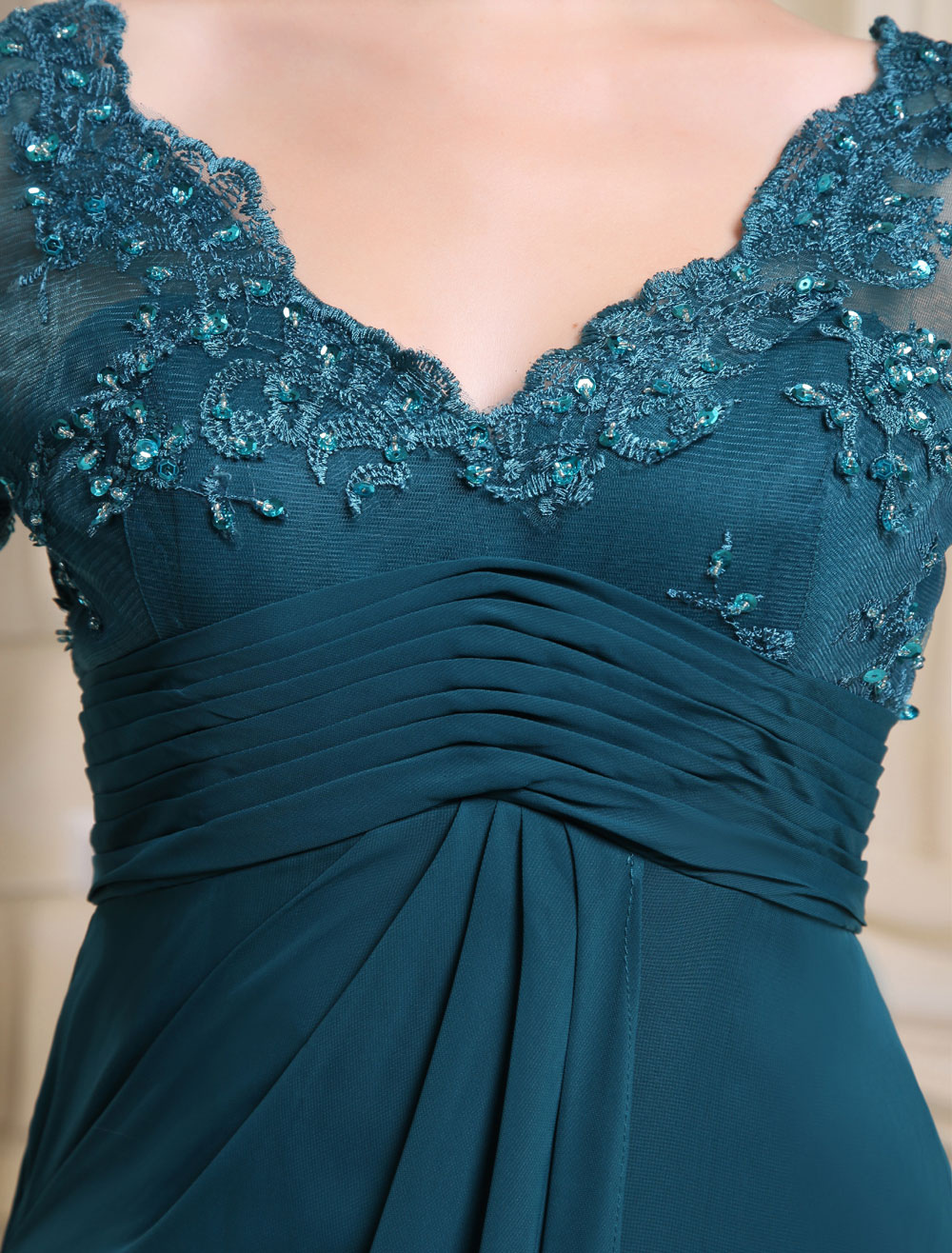 Teal Applique Beaded Long Sleeves Bridesmaid Dress