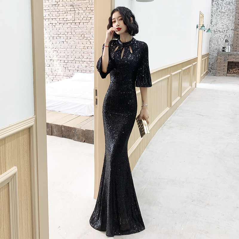 Black Sequin Long Sleeves Fishtail Evening Dress