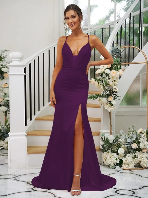 Deep V-Neck Spaghetti Strap Sleeveless Maxi Bridesmaid Dress