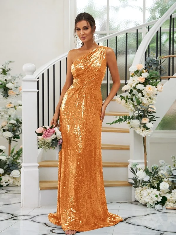 Sequin Oblique Shoulder Sleeveless Maxi Bridesmaid Dress