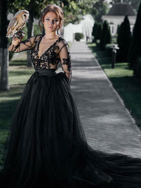 Black Lace Deep V Neck Backless Long Sleeves Slit Wedding Dress