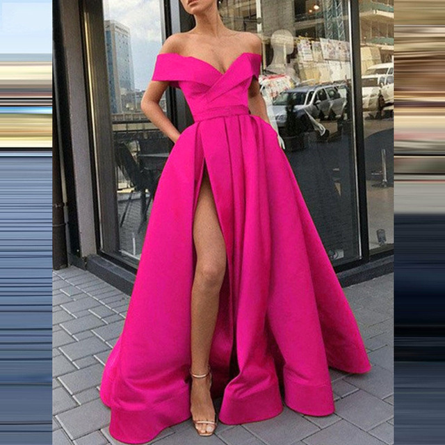 Satin Off-Shoulder Sleeveless Long Evening Slit Dress