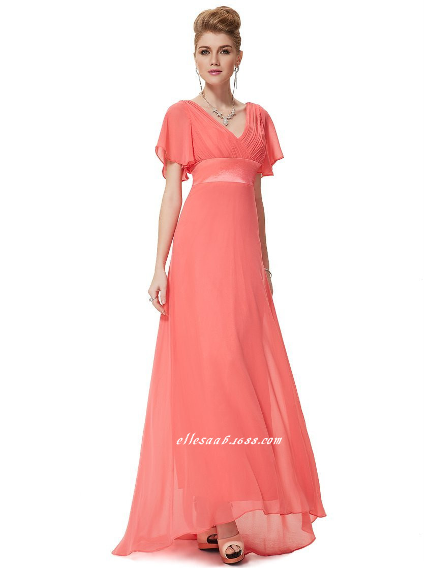 Deep V Neck Short Sleeves Bridesmaid Dress