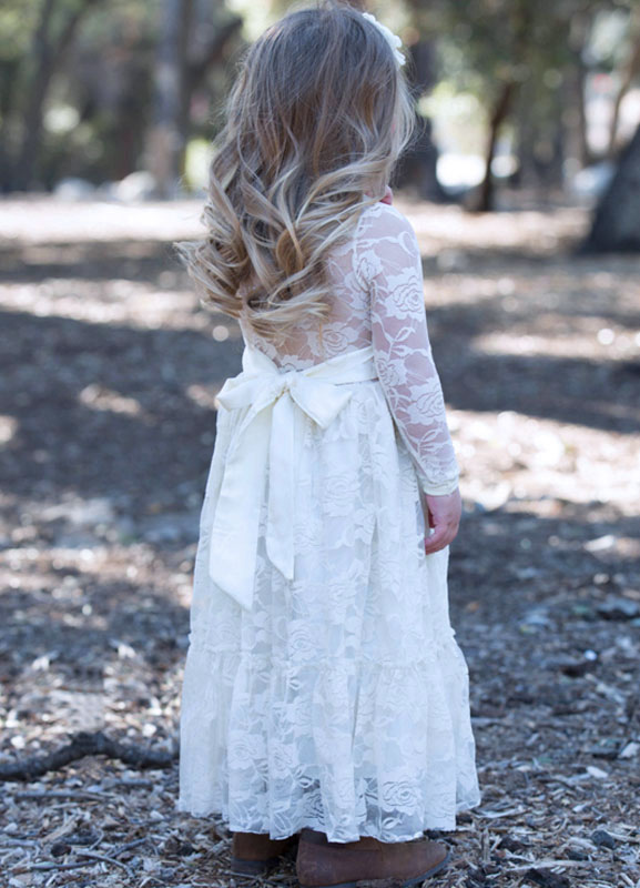 White Lace Long Sleeves Tie Back Kids Party Dress