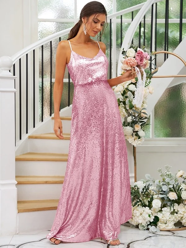 Sequin Spaghetti Strap Sleeveless Maxi Bridesmaid Dress