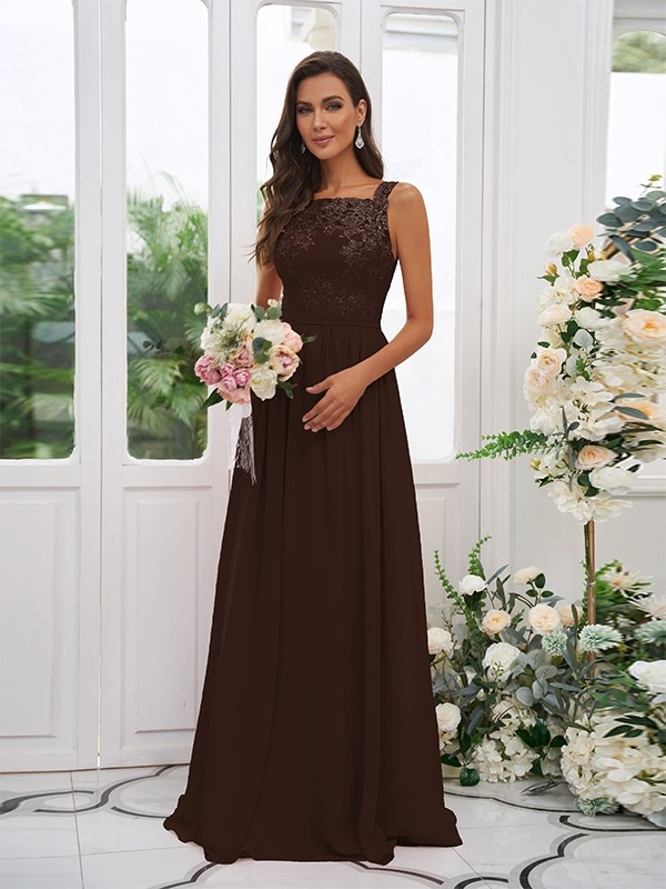 Lace Applique Square Neck Sleeveless Maxi Bridesmaid Dress