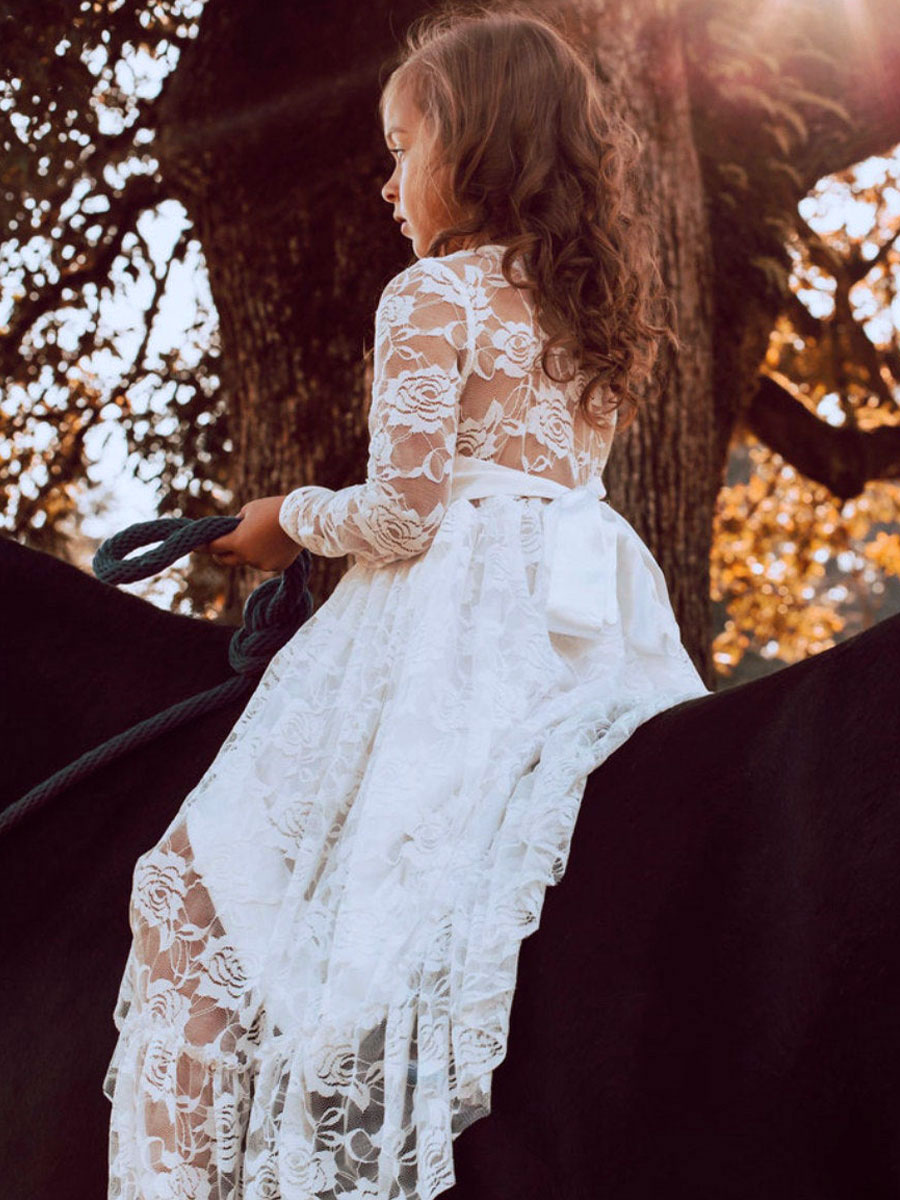 White Lace Long Sleeves Tie Back Kids Party Dress