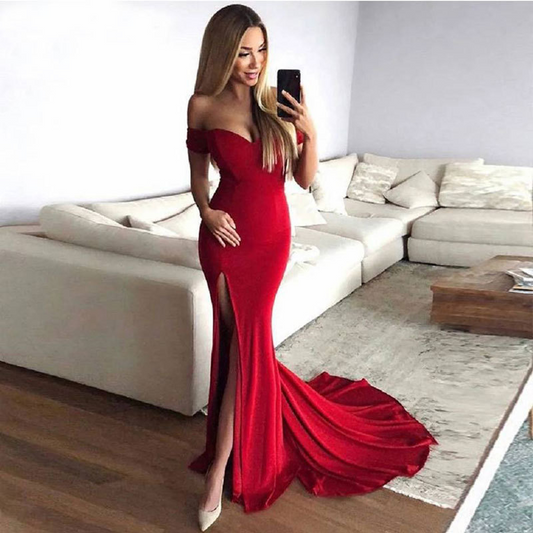 Red Off Shoulder Sleeveless Evening Dress