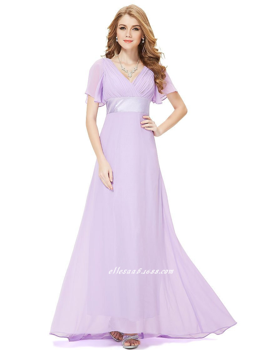 Deep V Neck Short Sleeves Bridesmaid Dress