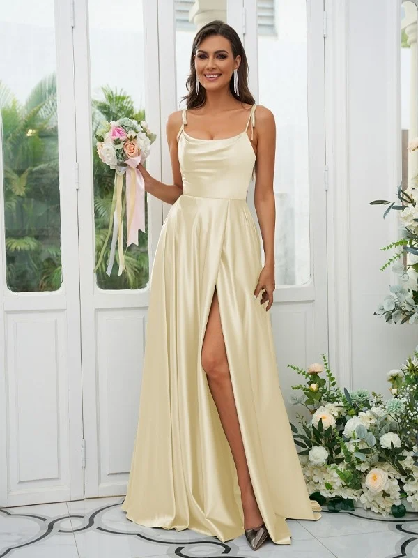 Satin Simple Spaghetti Strap Sleeveless Maxi Bridesmaid Slit Dress