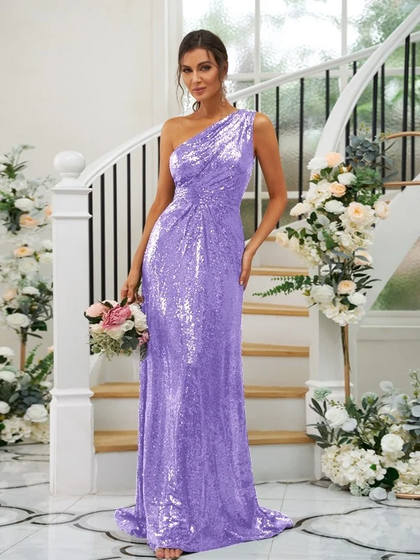 Sequin Oblique Shoulder Sleeveless Maxi Bridesmaid Dress