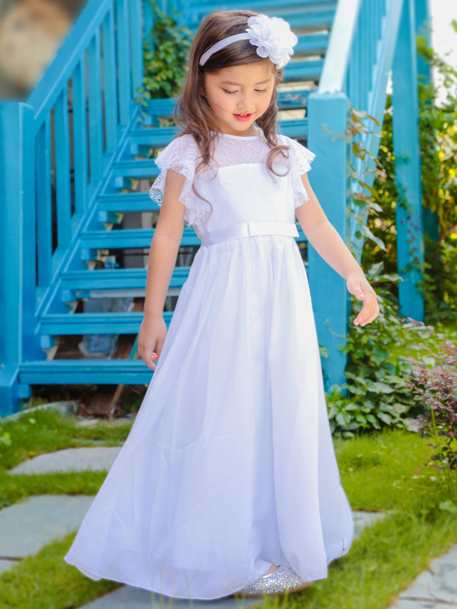 Jewel Neck Short Sleeves Pleated Kids Party Dress