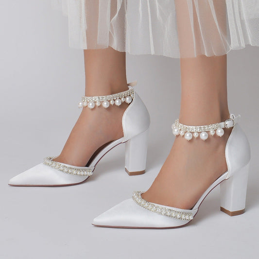 White Rhinestone Pearl Anklet Pointed Toe Chunky Heel