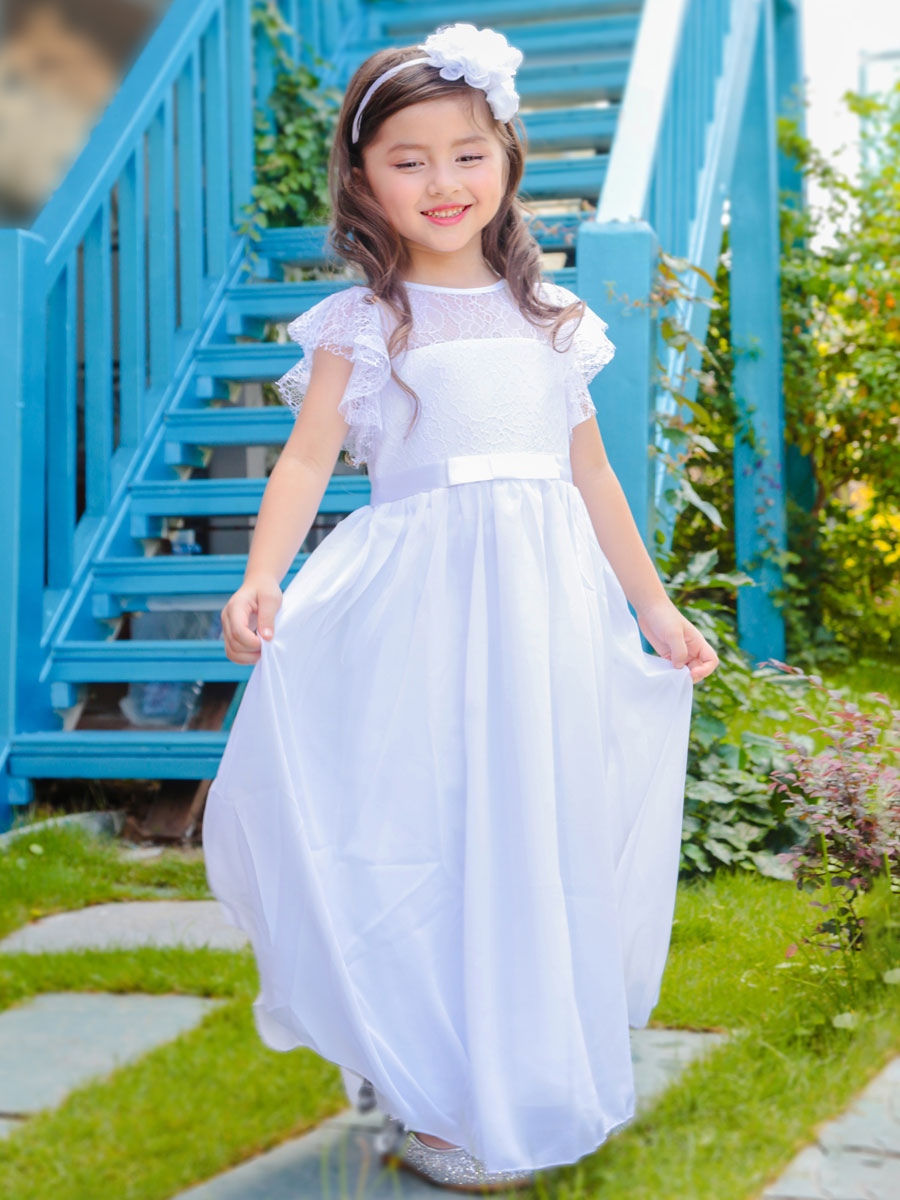 Jewel Neck Short Sleeves Pleated Kids Party Dress