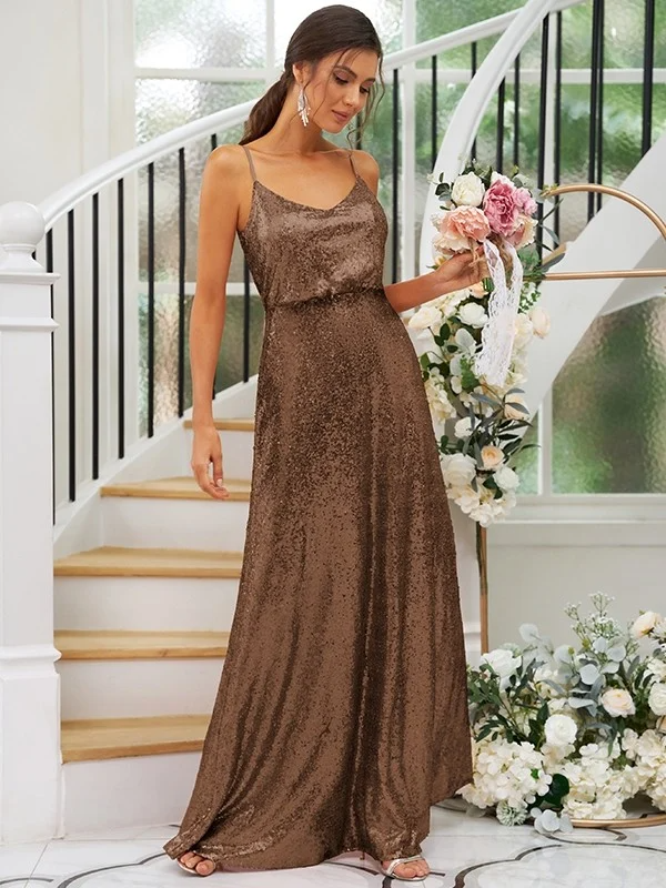 Sequin Spaghetti Strap Sleeveless Maxi Bridesmaid Dress