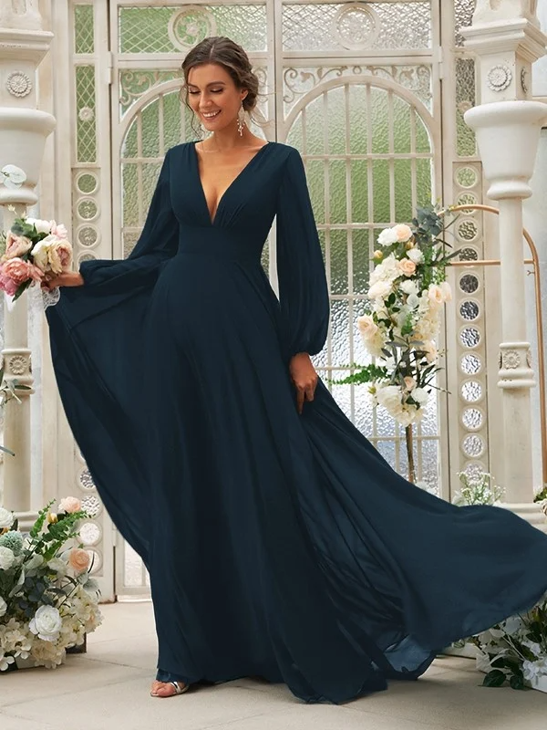 Deep V-Neck Long Sleeves Maxi Bridesmaid Dress