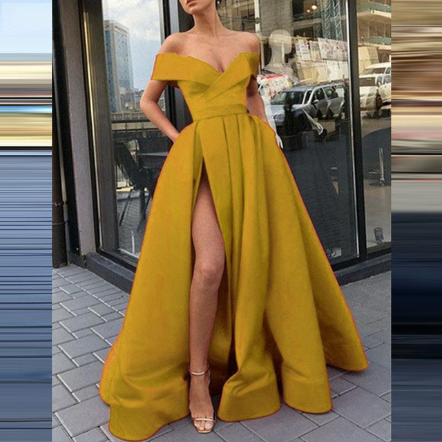 Satin Off-Shoulder Sleeveless Long Evening Slit Dress