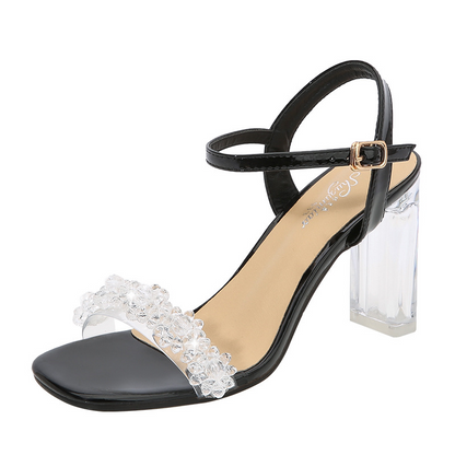 Square Toe Pearl Clear Block Heel Bridal Sandals