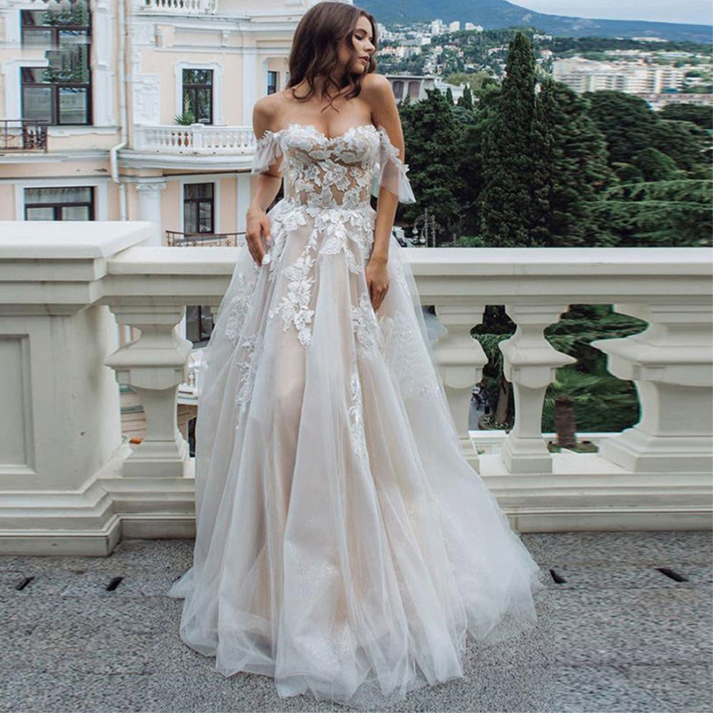 A Line Off Shoulder Tulle Sweetheart Lace Beach Wedding Dress