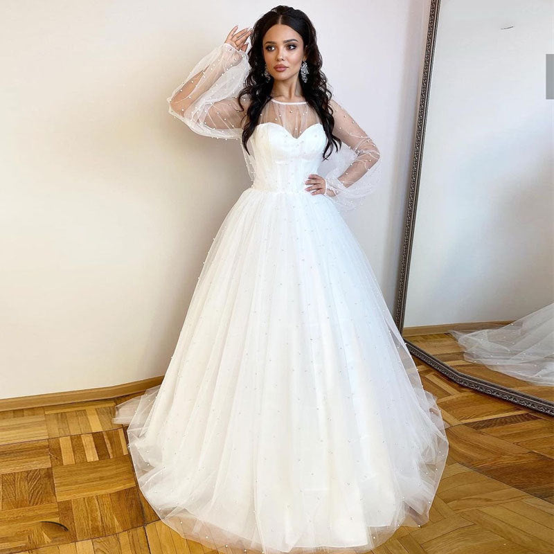 White Mesh Pearl Lace Pleated Wedding Dress