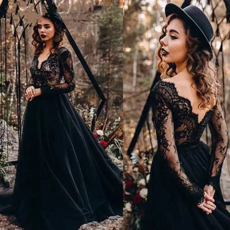 Black A-Line V-Neck Long Sleeves Lace Tulle Wedding Dresses With Lace