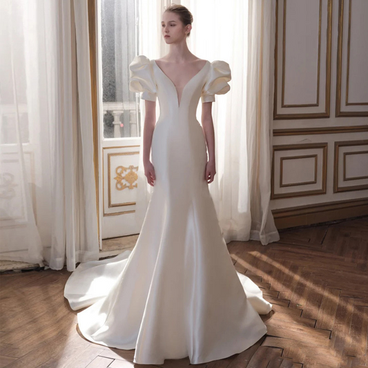 Mermaid Elegant Long Sleeves Court Train Satin Wedding Dress