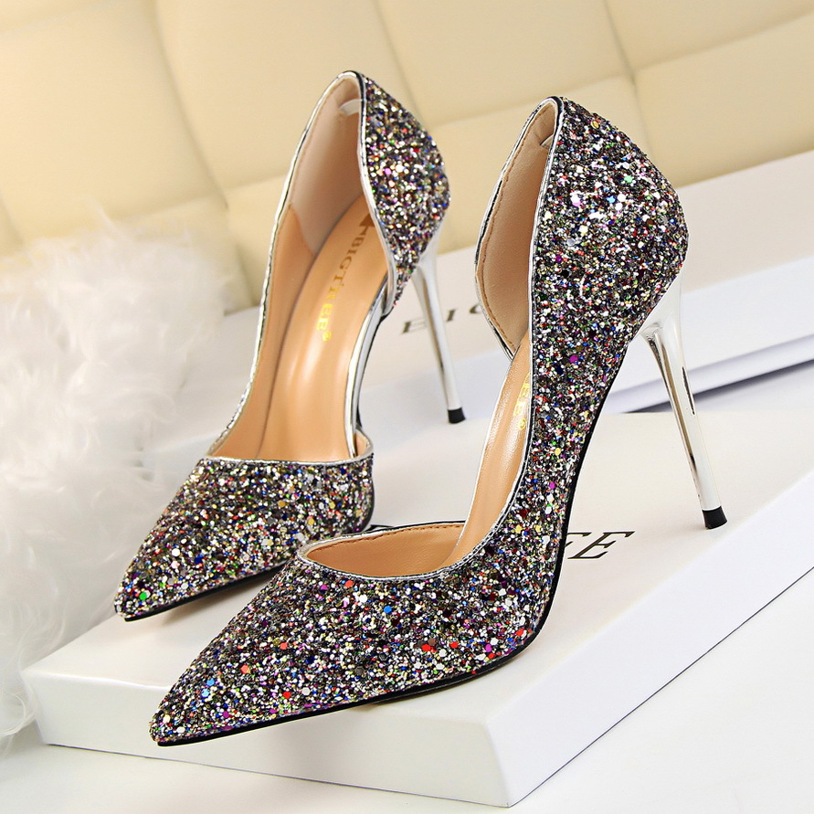 Glitter Stiletto Heel High Point Toe Wedding Heels