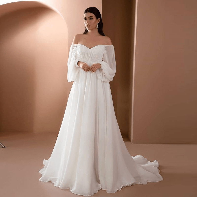 A-Line Bateau Neck Long Sleeves Backless Brush Train Wedding Dress