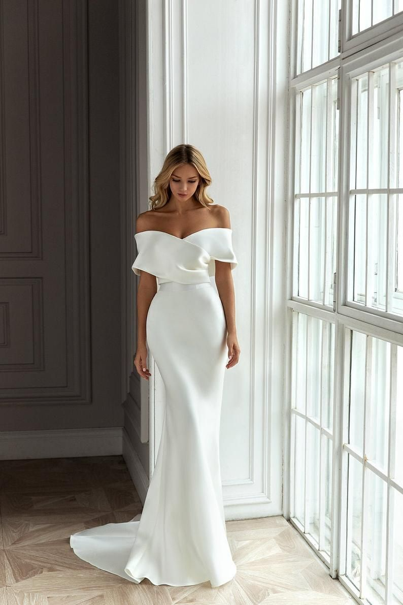 Satin Off-The-Shoulder Short Sleeves Brush Train Wedding Dress