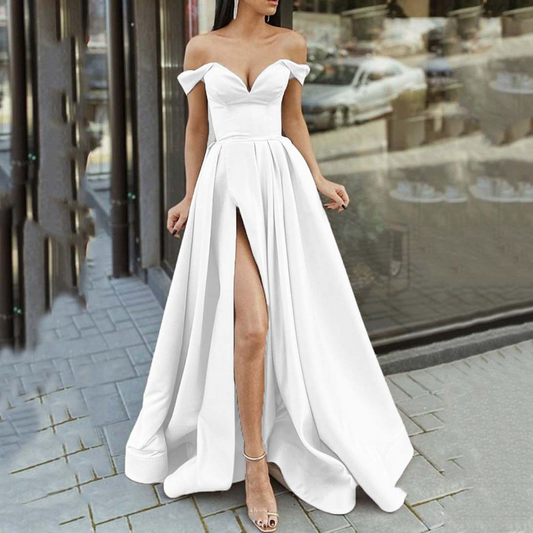 Simple Off-Shoulder Long Slit Wedding Dress