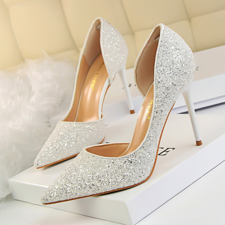 Glitter Stiletto Heel High Point Toe Wedding Heels