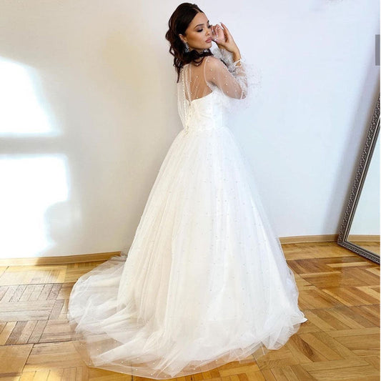 White Mesh Pearl Lace Pleated Wedding Dress