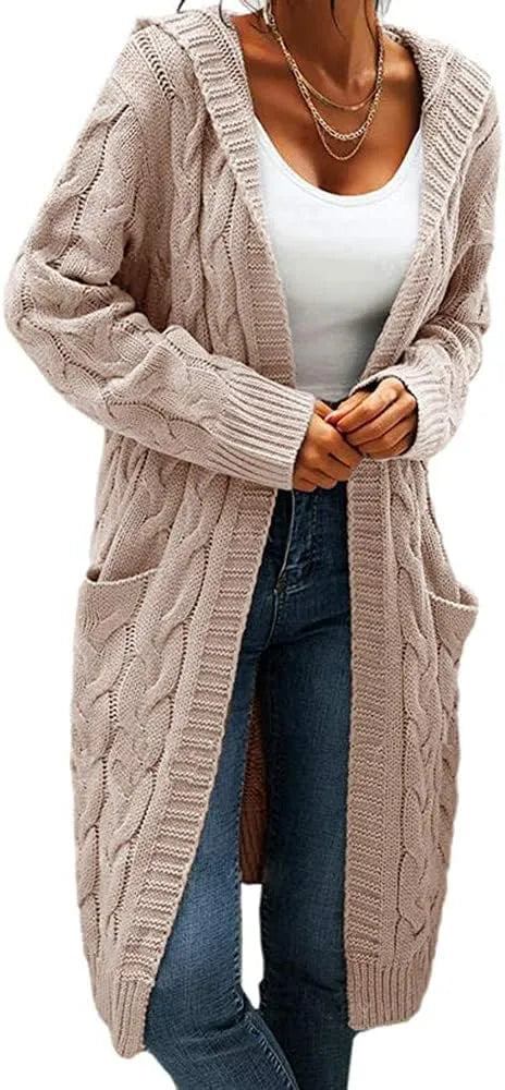 Women Hooded Open Front Cardigan Cable Knit Sweater