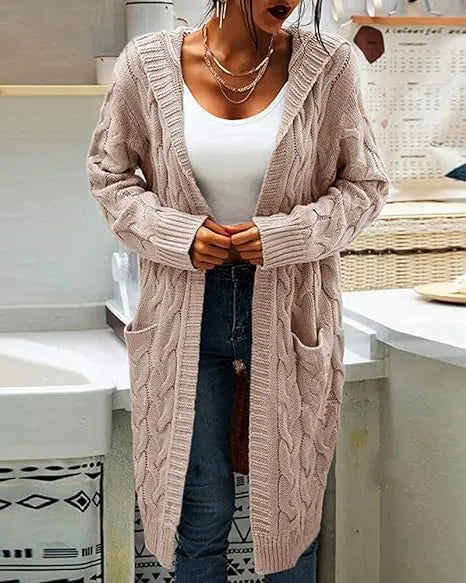 Women Hooded Open Front Cardigan Cable Knit Sweater