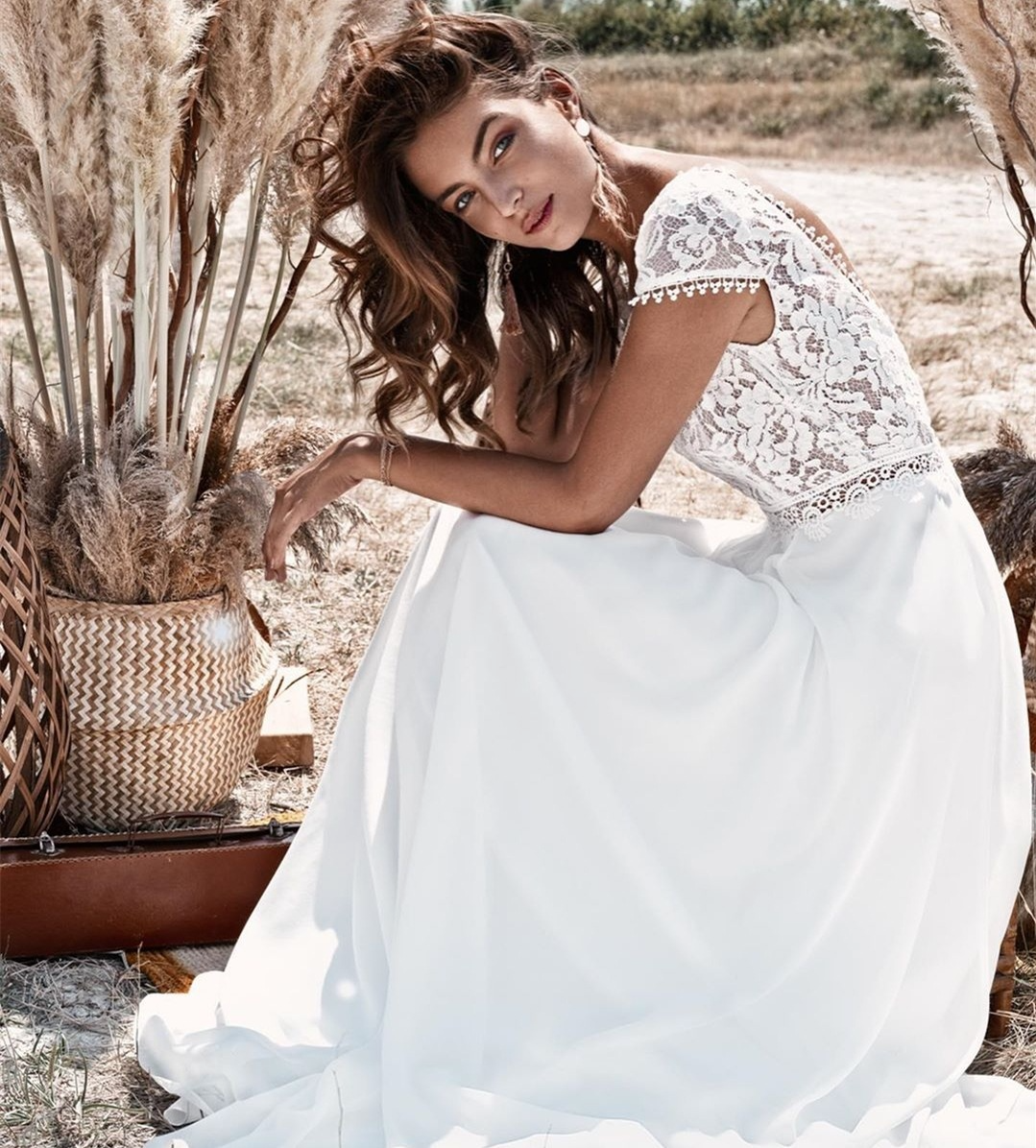 Lace V-Neck Short Sleeves Backless Brush Train Boho Bridal Dress