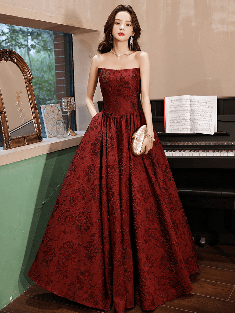 A-Line Strapless Jacquard Embroidered Pageant Floor-Length Evening Dress