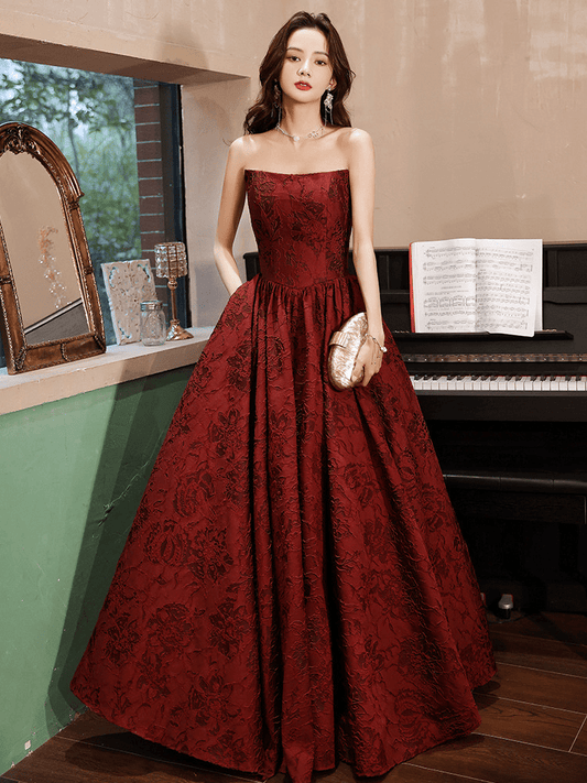 A-Line Strapless Jacquard Embroidered Pageant Floor-Length Evening Dress