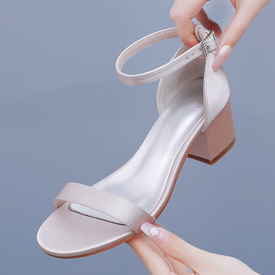 Satin Block Heel Open Toe Ankle Strap Wedding Sandals