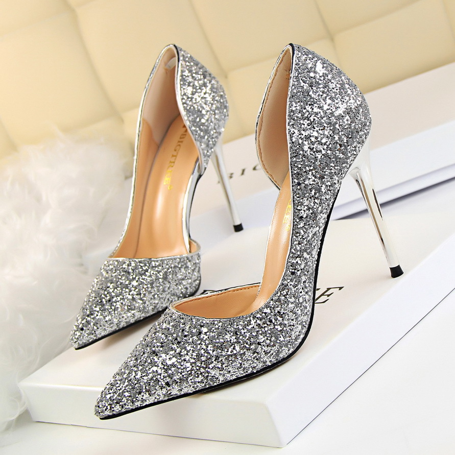 Glitter Stiletto Heel High Point Toe Wedding Heels